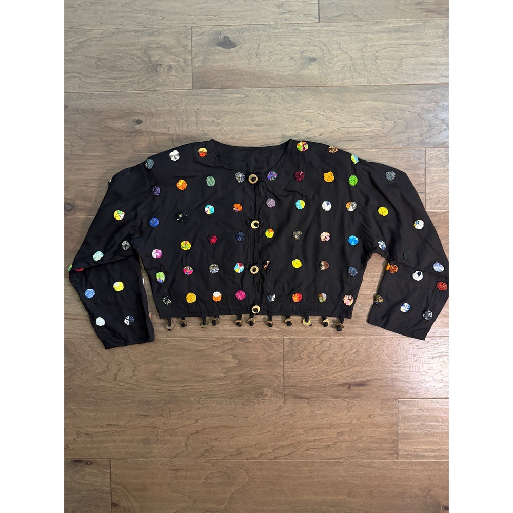Nativewear Designs Wearable Art Jacket Medium Black Yo-Yo Applique Metal Buttons